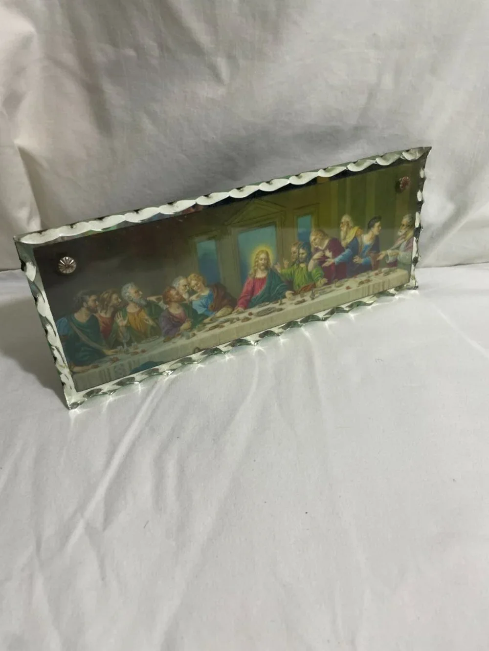Vintage Last Supper Reverse Painted Glass Wall Plaque Scalloped Beveled Glass 10